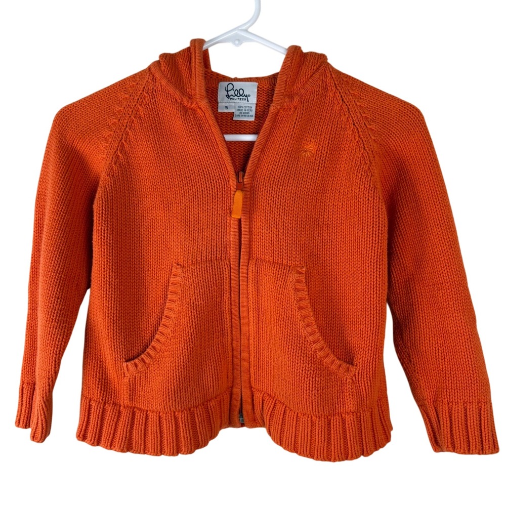 Lilly Pulitzer Kids Orange Cotton Knit Zip Up Hoodie Sweater Size 5 Vintage Girl